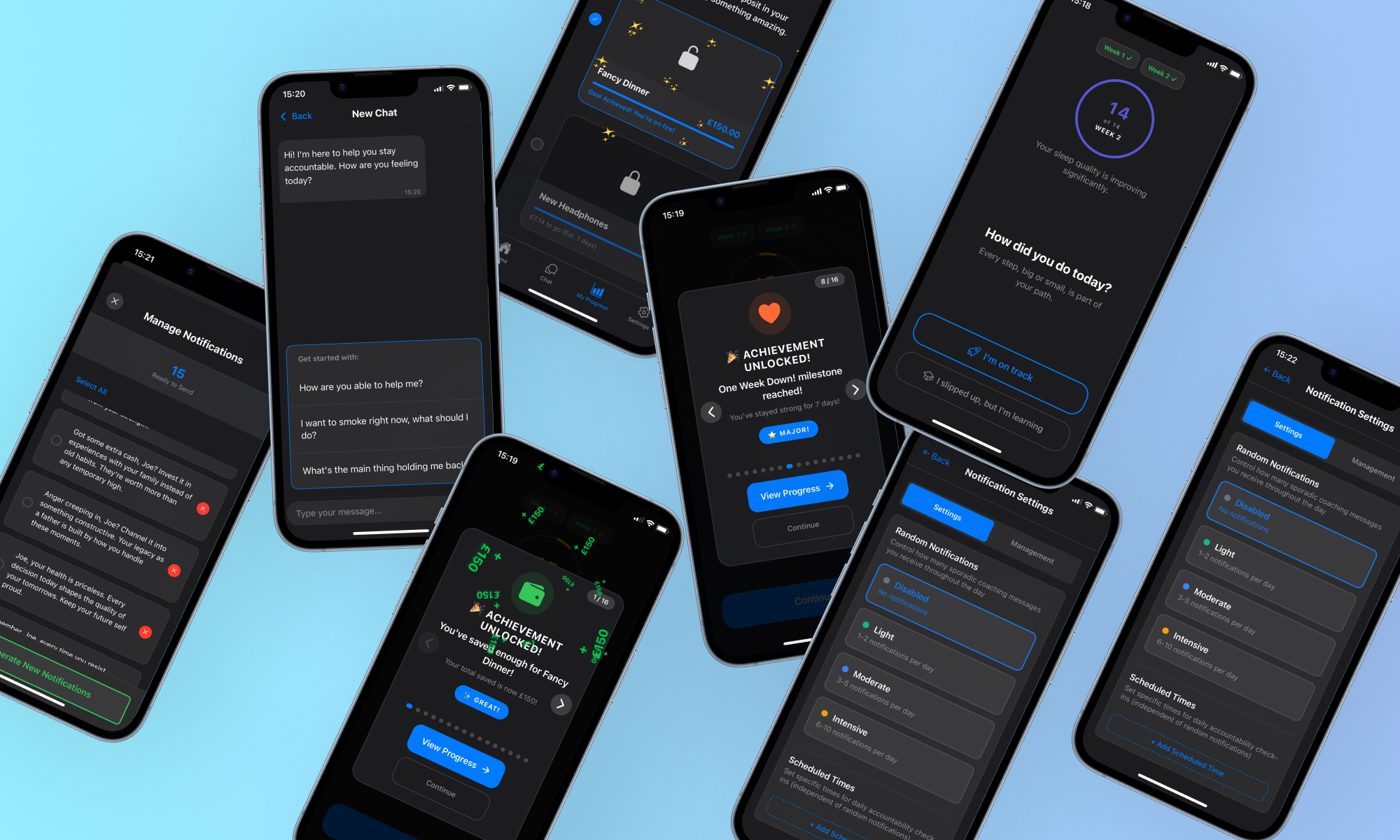 FlowerFreedom app interface showing progress tracking and personalized coaching features